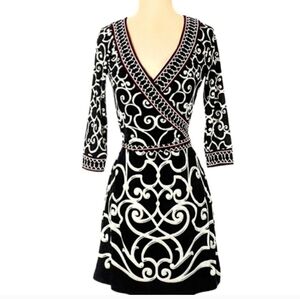 Holiday Perfect! WHBM Faux Wrap V-Neck Belted Sheath Ornate Scroll Midi. Sz. 12